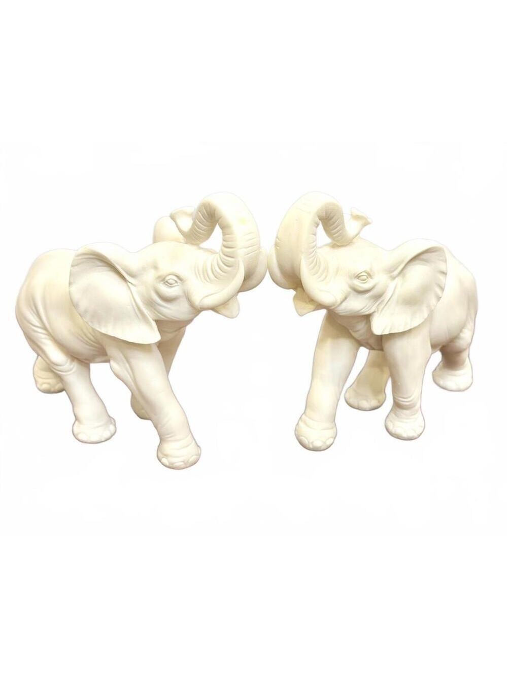 Set of 2 Cream-Tone Elephant Sculptures Vintage Solid Bonded Marble